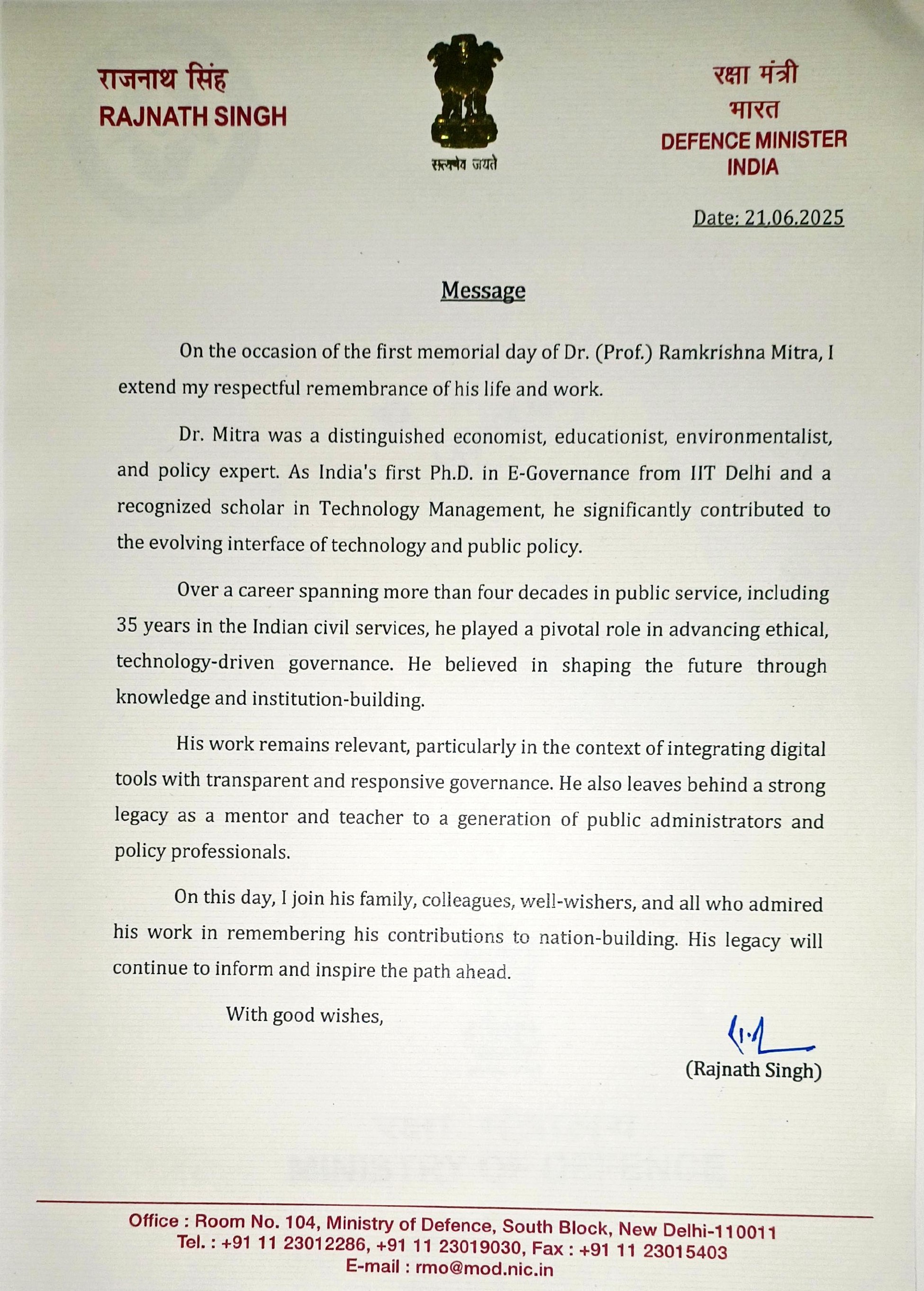 Testimonial from Rajnath Singh